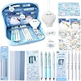 LYZHILC Cute Seal Pencil Case Set, Blue 12-Layer Large Pencil Case,Gel Pens, Pencil,Brooch,Stickers, Sticky Note,Greeting card and Plush Seal Keychain.