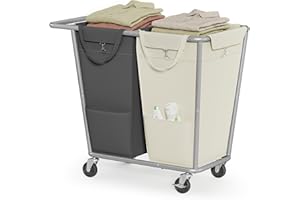 SONGMICS Laundry Basket with Wheels, 2-Section Laundry Sorter, 50.2 Gallons (190 L) Rolling Hamper with Removable Bags, Heavy-Duty Steel Frame, Cream White and Dark Gray URLS009X01