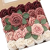 Floroom Artificial Flowers 25pcs Real Looking Burgundy Ombre Colors Foam Fake Roses with Stems for DIY Red Wedding Bouquets Bridal Shower Centerpieces Floral Arrangements Party Tables Home Decorations