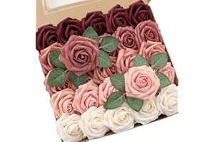 Floroom Artificial Flowers 25pcs Real Looking Burgundy Ombre Colors Foam Fake Roses with Stems for DIY Red Wedding Bouquets Bridal Shower Centerpieces Floral Arrangements Party Tables Home Decorations