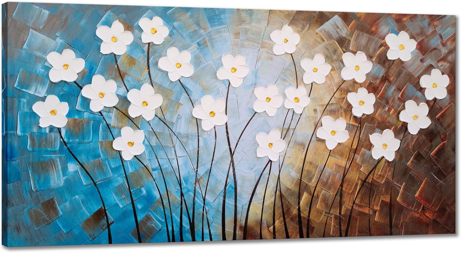 Paintings - Yihui Arts Flower Painting Hand Painted 3D Brown Light Blue White Canvas Wall Art Giant Contemporary Plant Pictures for Bedroom Living Room Dinning Decoration