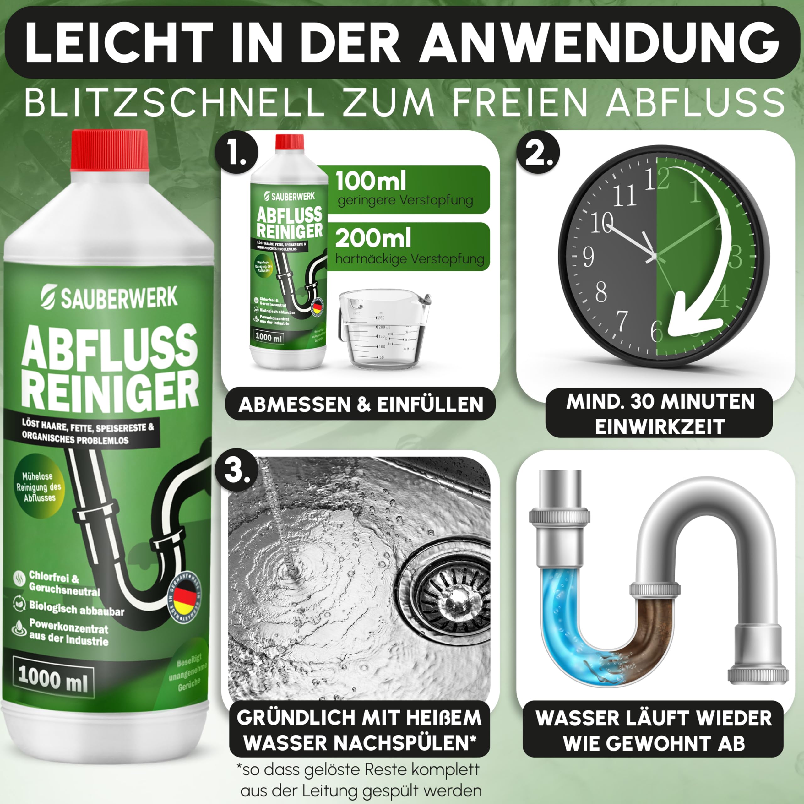 SauberWerk® - Profi Abflussreiniger & Rohrreiniger „Haarfrei“ (1L) - Haarentferner flüssig für Toilette, WC & Küche EXTRA STARK - Rohrfrei & Abflussfrei gegen Abfluss-Verstopfung Haare & Organischem 6