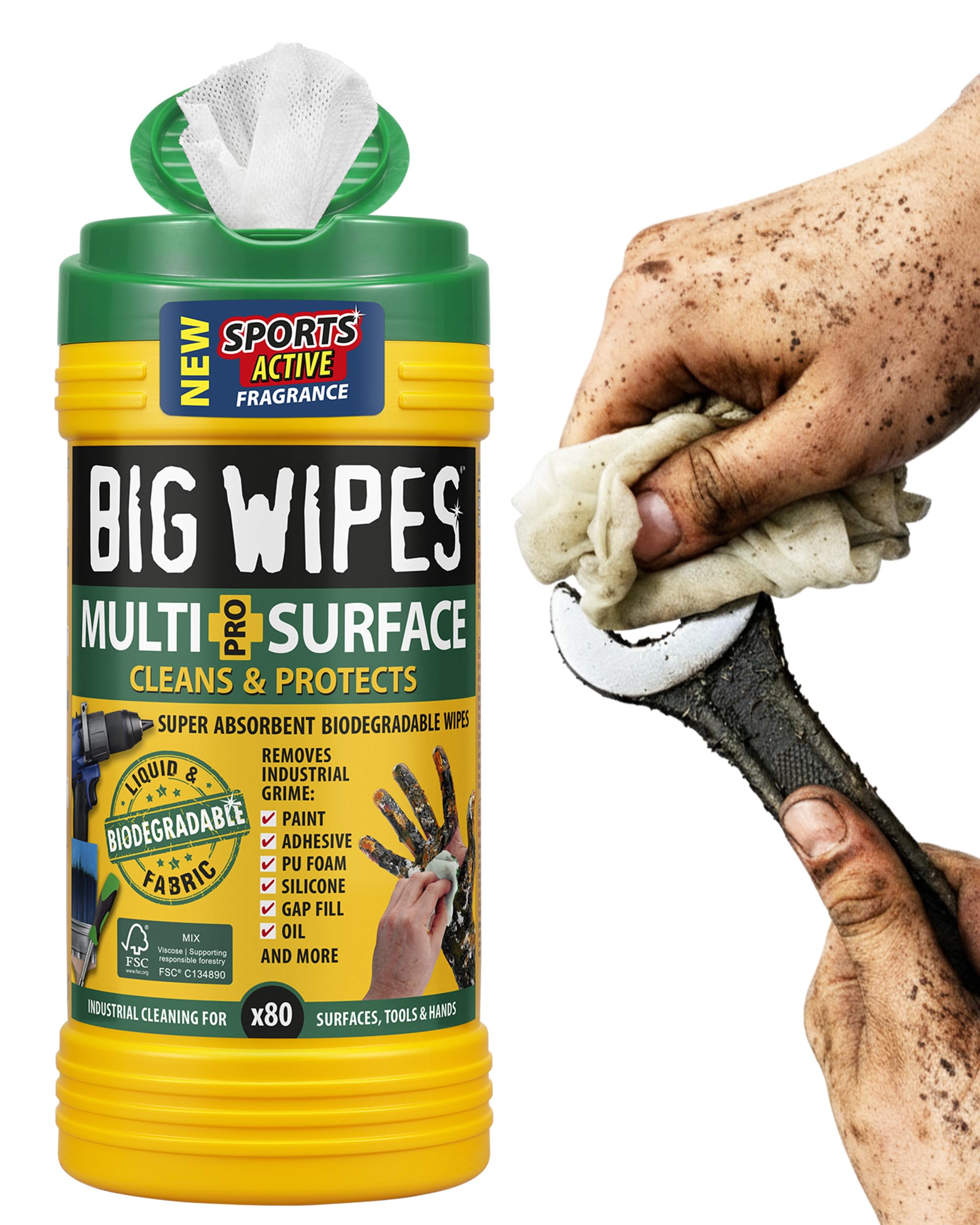 Big Wipes Multi-Surface Cleaning Wipes – Absorbent Surface & Hand Wipes - 4 Power Solvents & 4 Skin Conditioners – Industrial Cleaning Products - Heavy Duty Hand Cleaner – Dispenser Tub x80