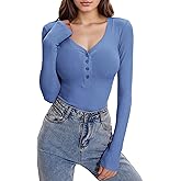 Am Direct Women's Long Sleeve V Neck Shirt Sexy Henley Tight Slim Fitted Going Out Top Ribbed Button Fall Fashion Blue XL