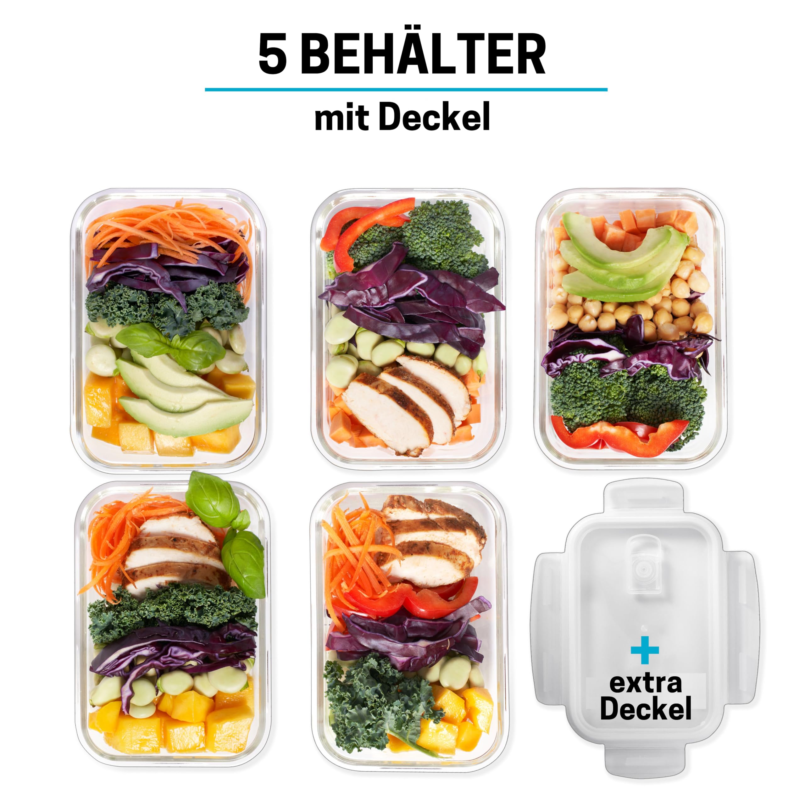 Igluu Meal Prep Glas-Frischhaltedosen mit BPA-freiem Deckel (5er-Pack + 1 Ersatzdeckel) – mikrowellen-, ofen-, gefrier-, spülmaschinengeeignet, auslaufsicher – 840 ml - robustes Borosilikatglas 2