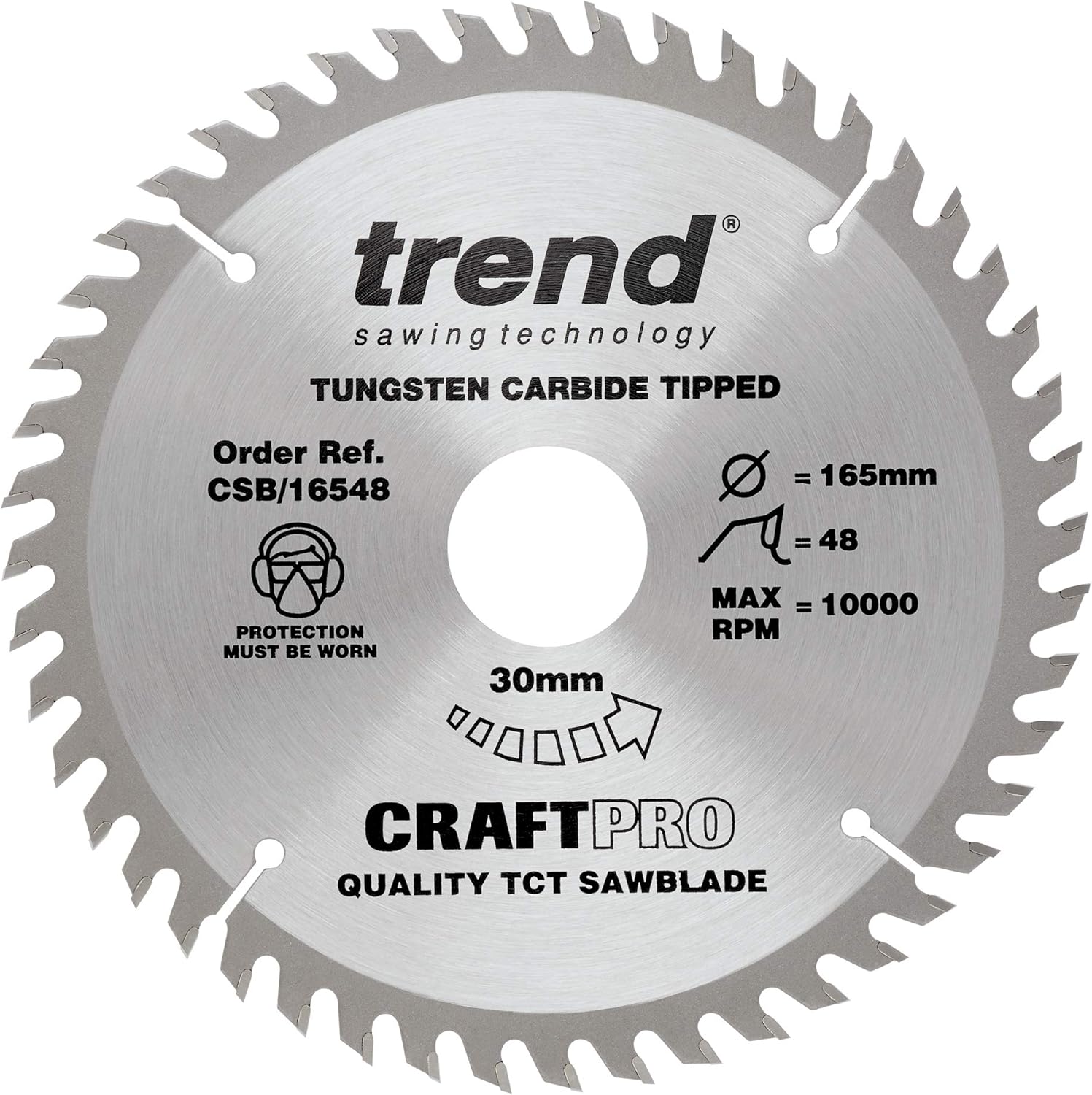 Trend Wood Circular Saw Blade, 165mm Diameter, 30mm Bore, 48 Teeth, 2.4mm Kerf, +5° Hook, TCT, Fine Finish, CSB/16548