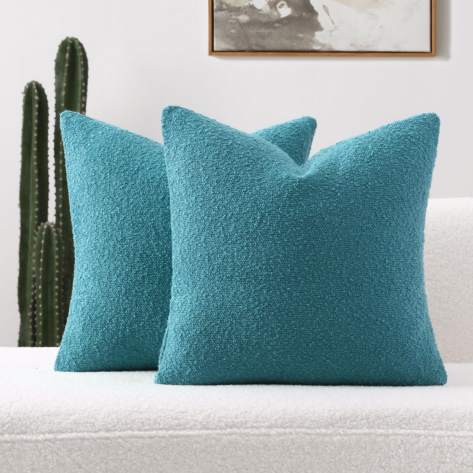 Photo 1 of FUTEI Pack of 2 Teal Blue Decorative Throw Pillow Covers 20x20 Inch Soft Cozy Solid Boucle Textured Cushion Case,Modern Home Decor for Couch Bed Living Room