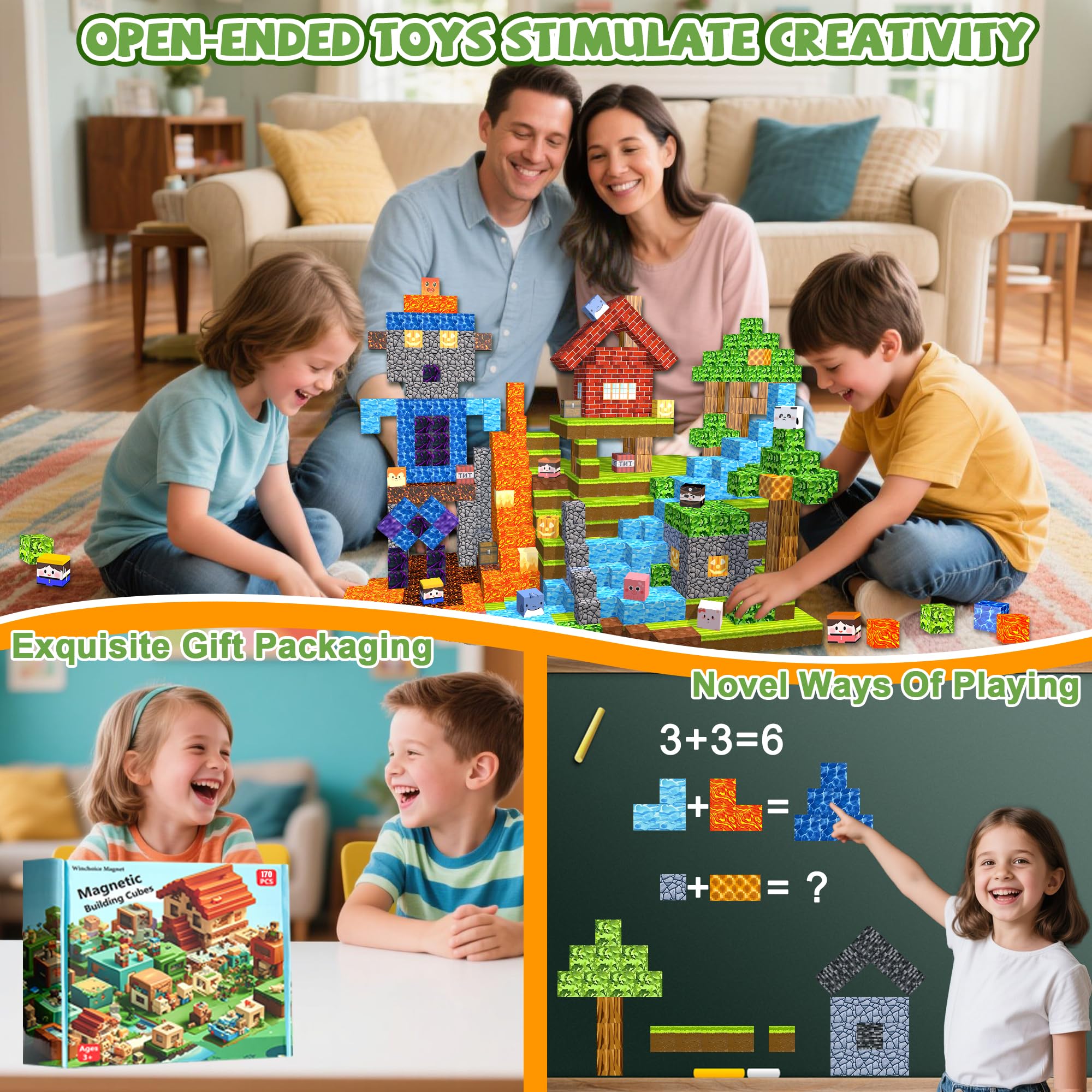 Magnetic Blocks,170PCS Magnetic Building Blocks Upgraded Sensory Toys Construction Set,Magnets Cubes Building Toys for Kids Games,Toddler Montessori Stacking Magnets for 3+ Boys Girls Birthday Gifts