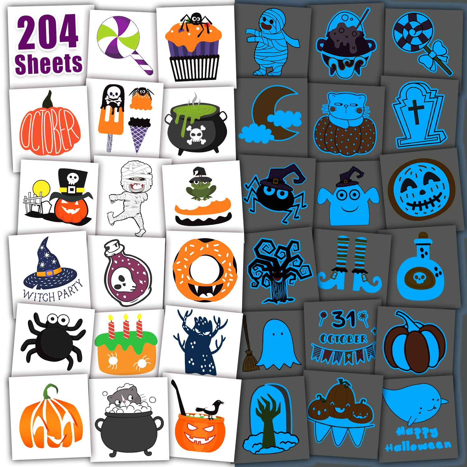 Leesgel Halloween Party Bag Fillers - 204 Blue Luminous Temporary Tattoos for Kids, Glow Decorations, Costumes Accessories, Treats, Games, Toys, Favours
