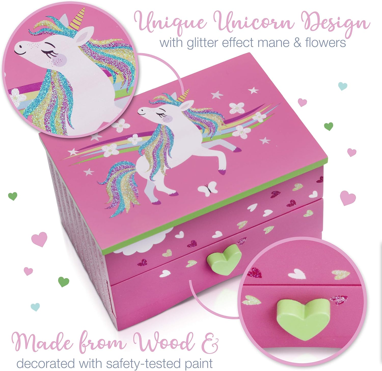 Unicorn Jewelry Box For Girls - Two Unicorn Gifts for Girls including Pink and Green Unicorn Music Box and Unicorn Charm Bracelet: Home Improvement