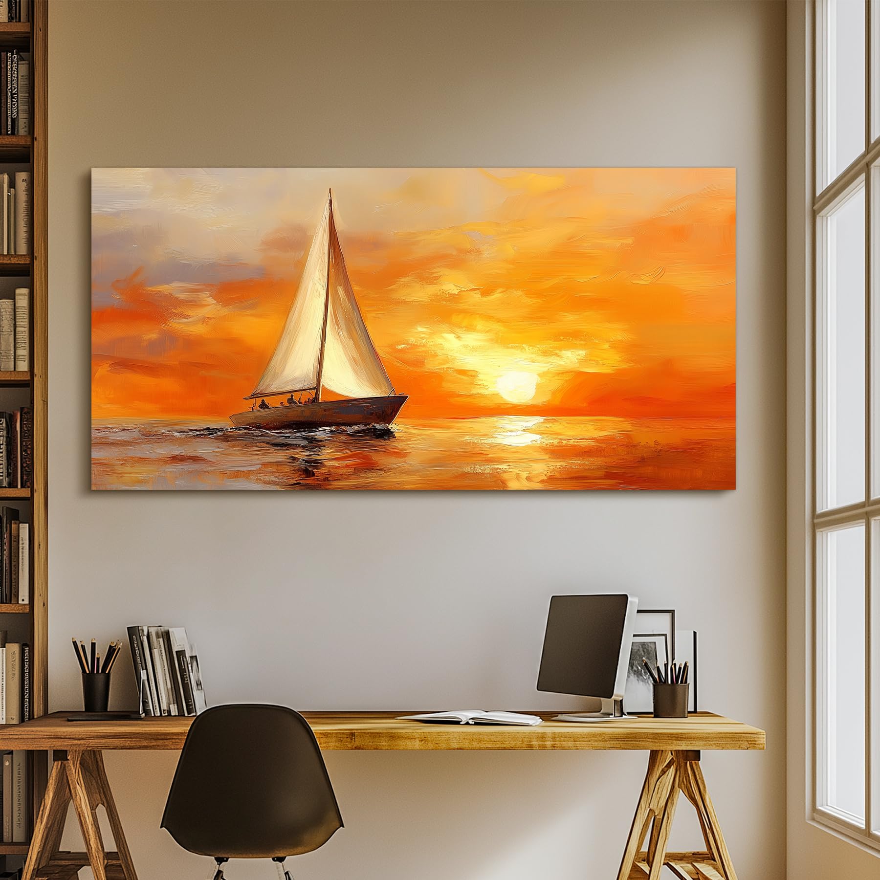 Condition photo showing New/Like New for serimino ocean sunset wall art, sailboat on sea extra large artwork, nautical landscape canvas art p