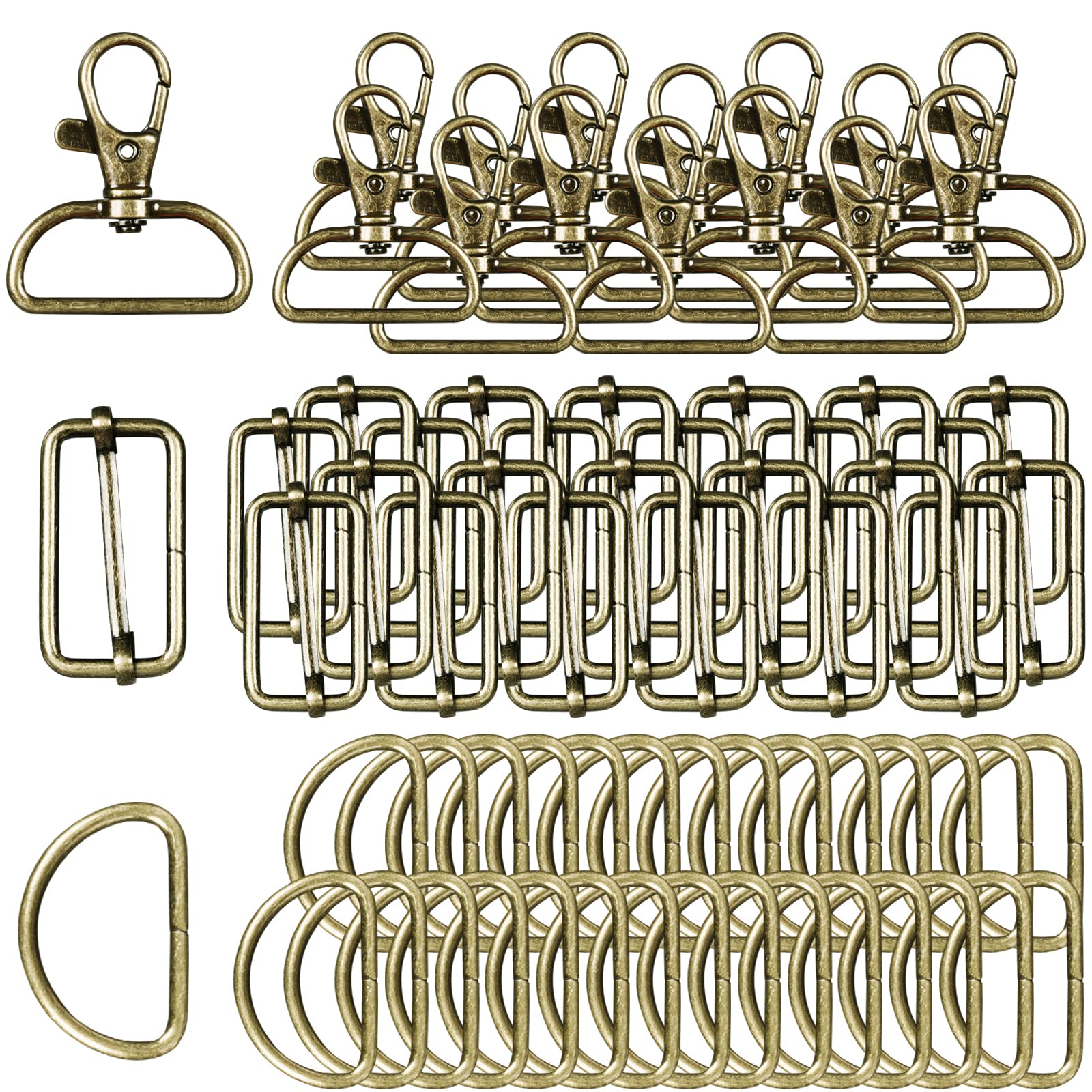 D Rings for Bags 70Pcs 32mm Metal Swivel Keychain Hooks and Slide Buckles for Bag Making Hardware, DIY Handicraft Backpacks, Handbags, Key Lanyards, Purse Bag Straps and Dog Collars (Bronze)