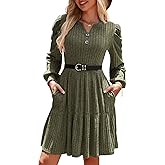 UEAL Womens Puff Long Sleeve Fall Dresses 2026 Winter Button Down Knit Sweater Dress with Pockets