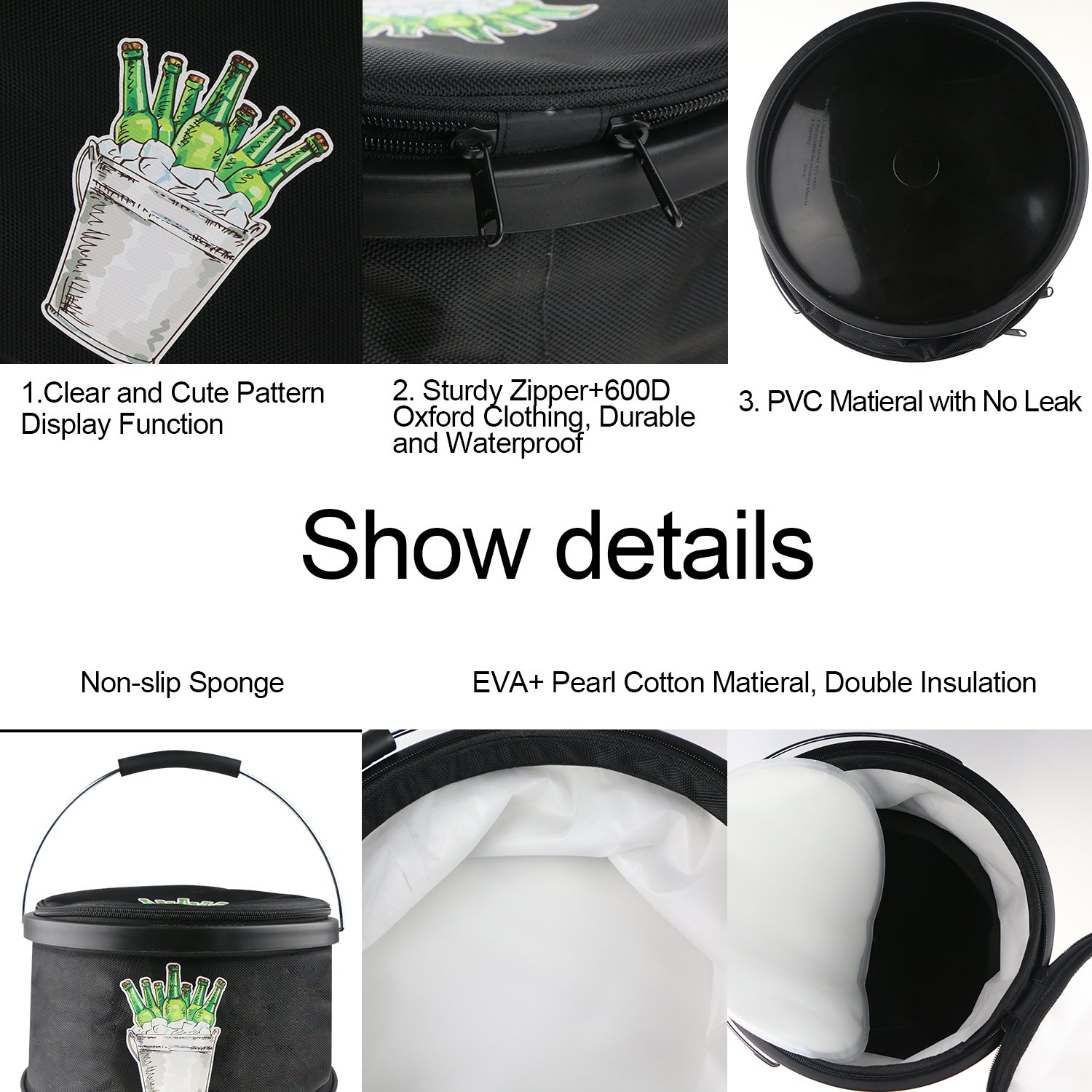 Collapsible Ice Bucket Drinks Lunch Cooler, LC-dolida Portable Folding Camping Beverage Beer Can Cooler with Zipper Double Insulated Bucket Bag for Hiking, Picnic, Travel Black