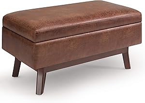 SIMPLIHOME Owen 36 inch Wide Rectangular Coffee Table Lift Top Storage Ottoman, Cocktail Footrest Stool in Upholstered Distressed Saddle Brown Faux Air Leather for the Living Room, Mid Century Modern