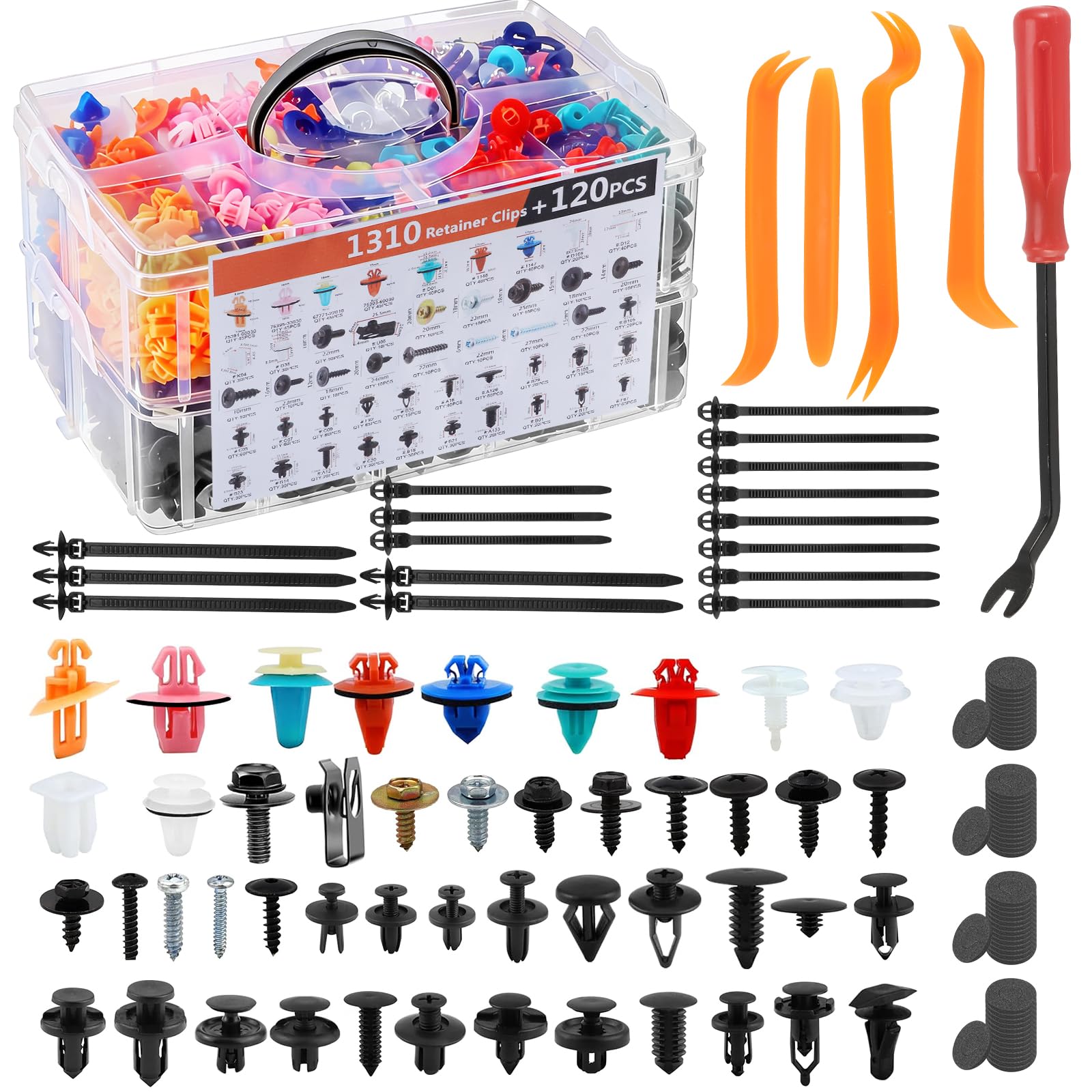 1430Pcs Car Retainer Clips & Plastic Fasteners Kit - 47 Sizes Colorful Auto Push Pin Rivets & Metal Screws with 5 Removal Tools, Cable Ties. 3-Layer Storage Box for GM Ford Honda (1430Pcs) Image