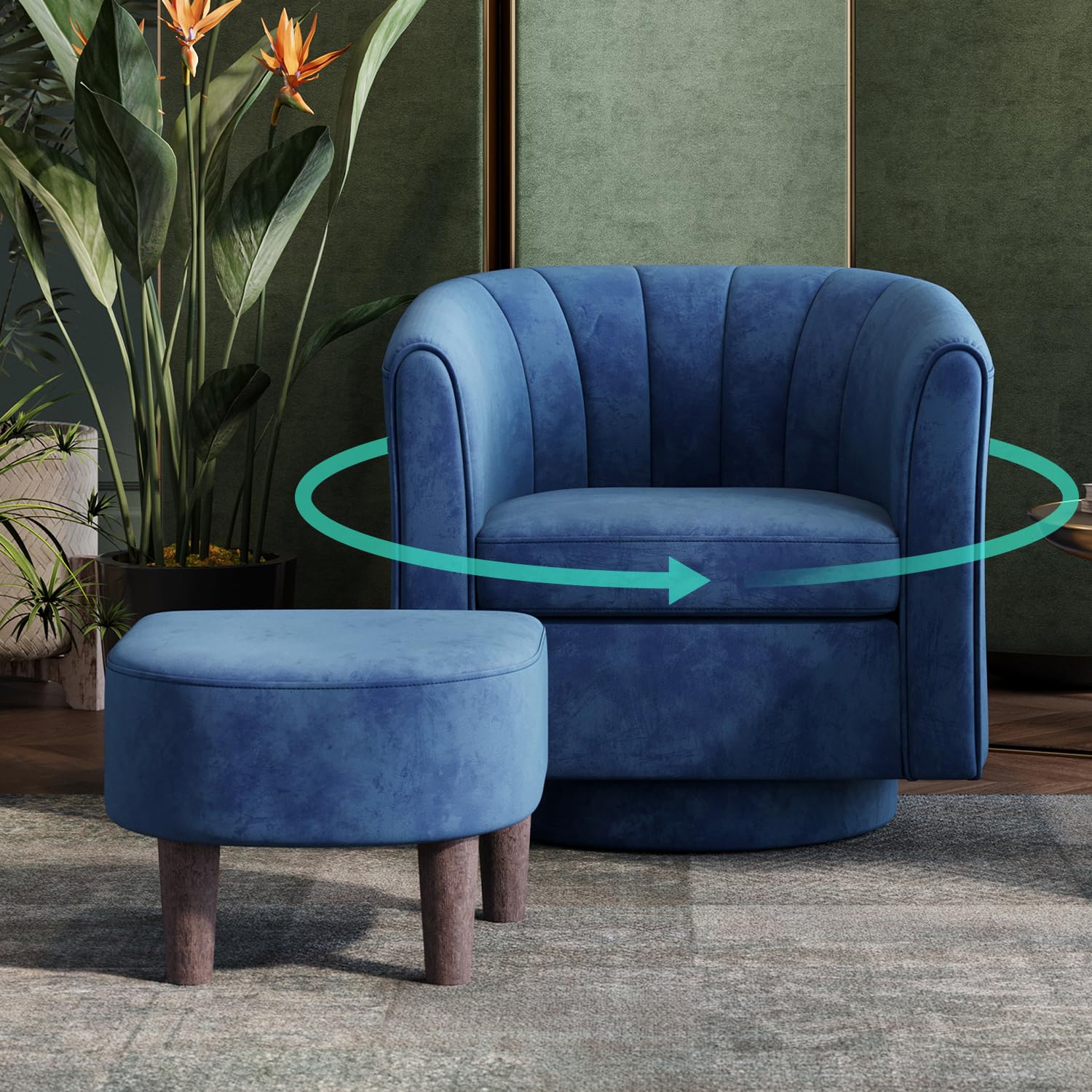 Photo 1 of LINSY Swivel Accent Chair Ottoman Set: Velvet Small Barrel Chair with Foot Rest, Modern Reading Chair Upholstered Armchair with Footrest for Living Room Bedroom Study Room Office (Blue)