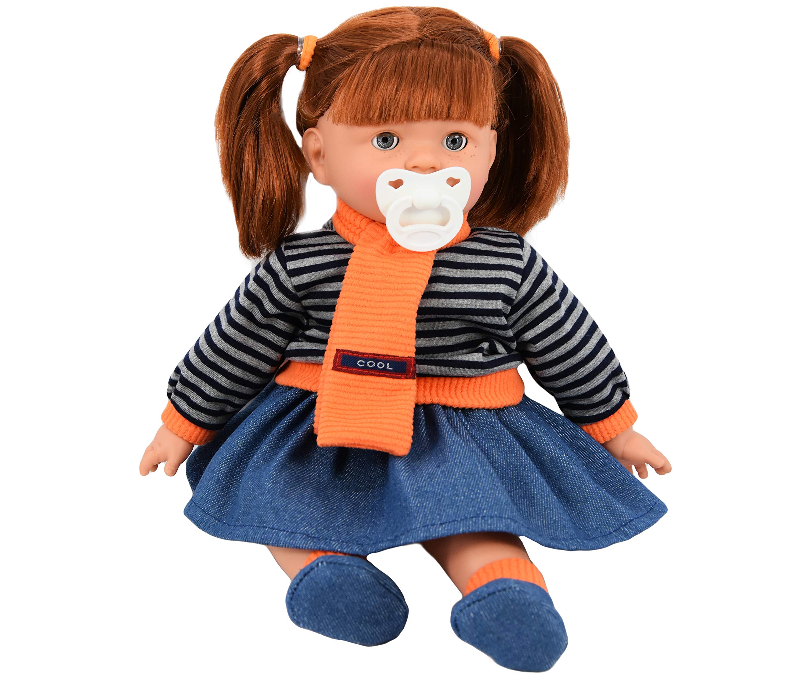 BiBi Doll 18" Baby Doll Girl with Dummy & Sounds - Lifelike Long Ginger Hair, Realistic Freckles, Soft Body, Open & Close Eyes, Toy for Girls & Boys Aged 18 Months+