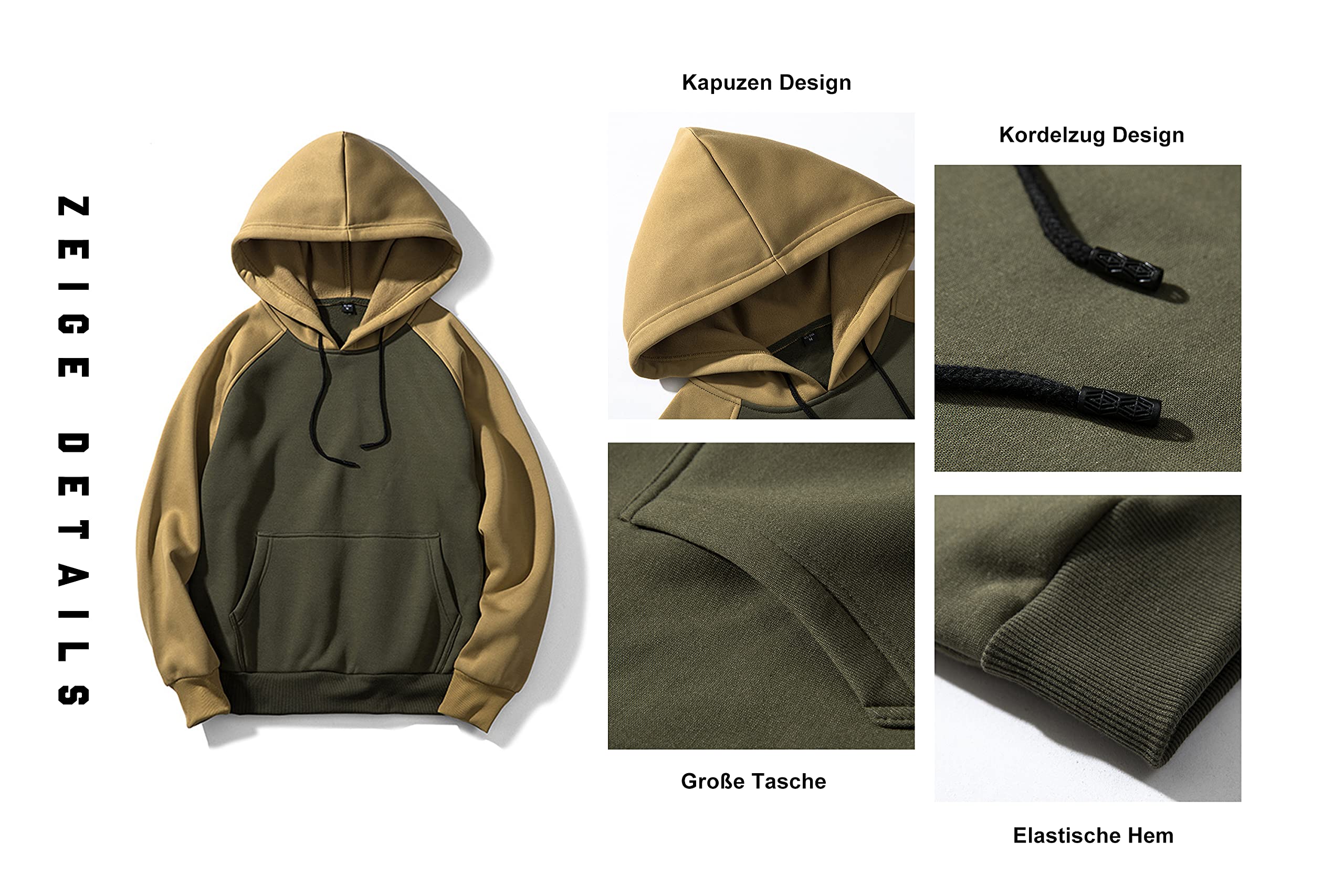 MANLUODANNI Herren Kapuzenpullover, Raglan Men's Hoodie Pullover mit Kapuze Casual Sweatshirt Classic Farbabstimmung Hoody Rundhals Armeegrün L 4