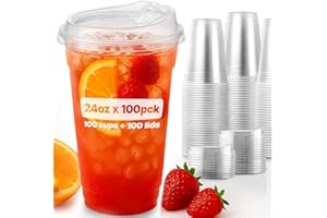 24oz Disposable Plastic Cups with Strawless Sip Lids – Set of 25 Clear PET Cups with Flat Sip Cover for Cold Beverages – Pack