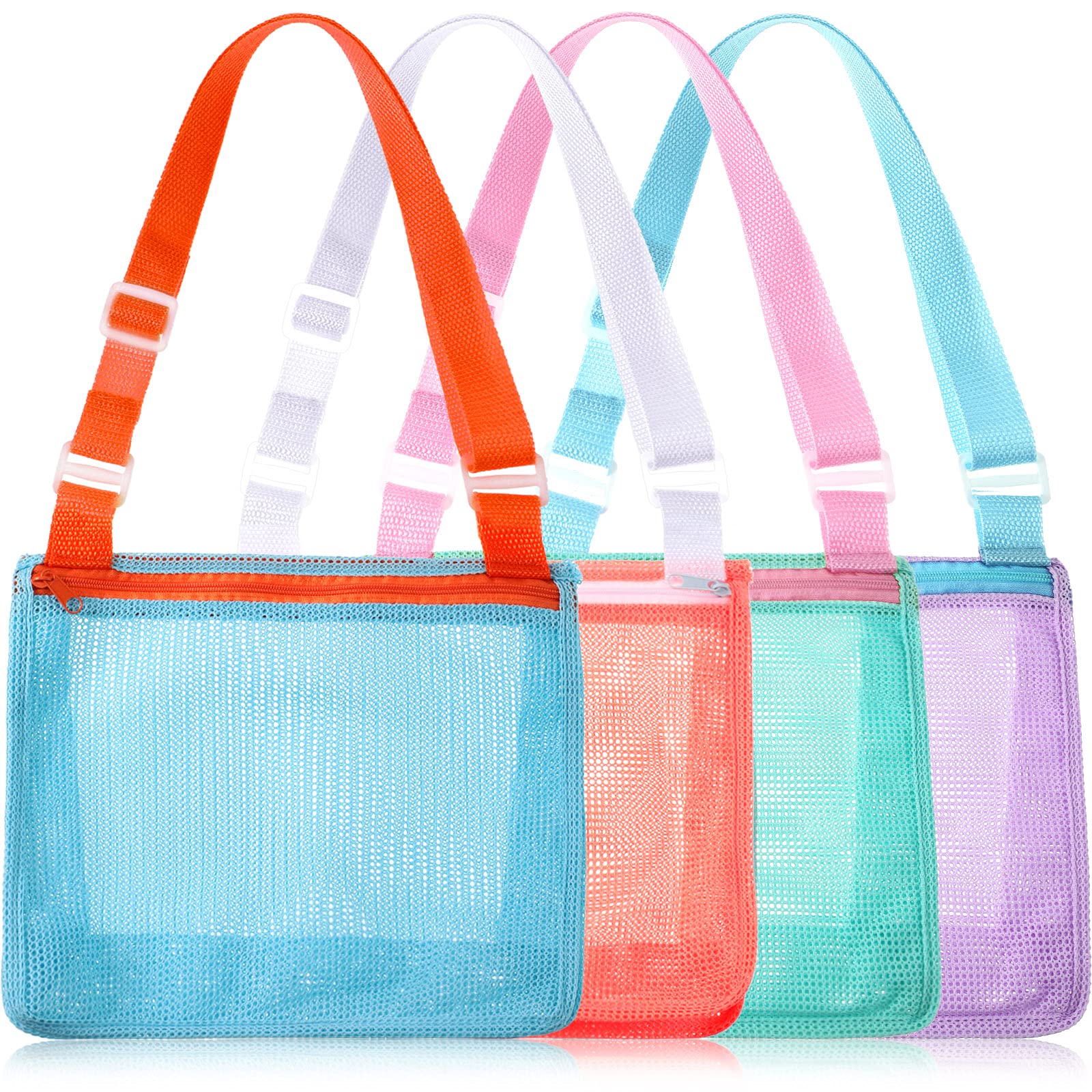 4 Pieces Beach Toy Mesh Bag Kids Shell Collecting Bag Mesh Beach Sand Toy Totes Colorful Mesh Beach Bag Swimming Accessories Storage Bag with Adjustable Carrying Straps (Fresh Colors)
