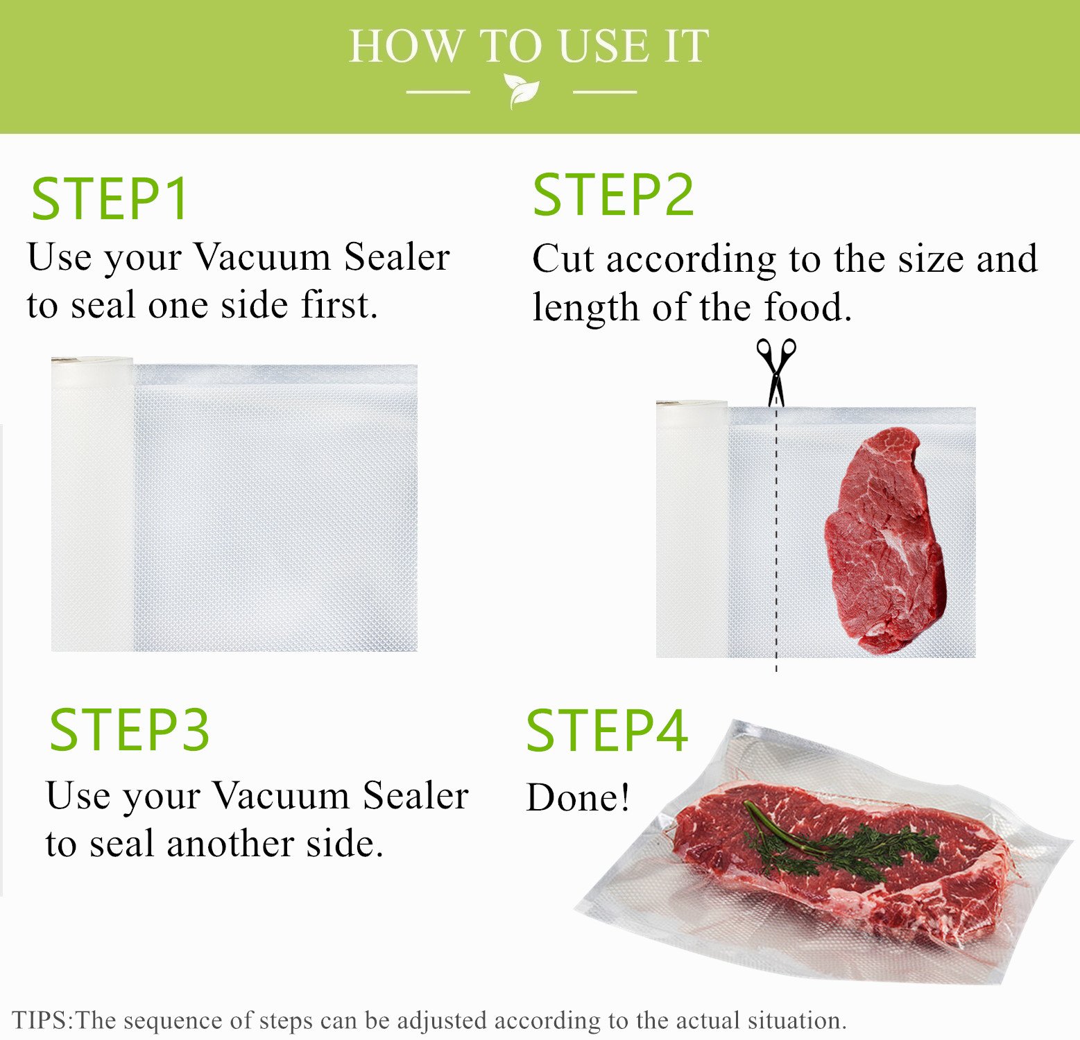 Bolsas de envasado al vacío, Padi Home Rollos de envasar al vacio, Pack de rollos de bolsas para envasadoras al vacío, 1 Roll 20x500 y 1 Roll 25x500cm, libre de BPA, Aprobado por la FDA