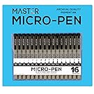 Set of 16 Black Master Markers Micro-Pen Fineliner Ink Pens - 16 Pens with Micro Fine Point, Chisel, Brush & Calligraphy Tip Nibs - Professional Technical Writing Drawing Pens - Artist Illustration