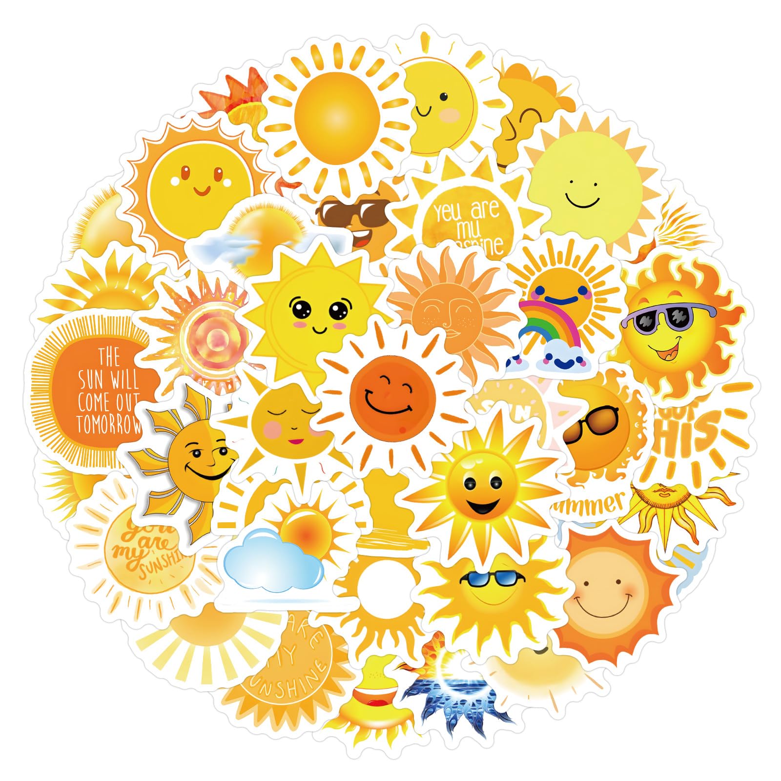 Sun Stickers for Laptop (50 PCS),Gift for Children Teens Adults Girl Boys,Waterproof Stickers for Water Bottle,Sunshine Vinyl Stickers for Scrapbook,Skateboard,Bike,Phone,Dairy