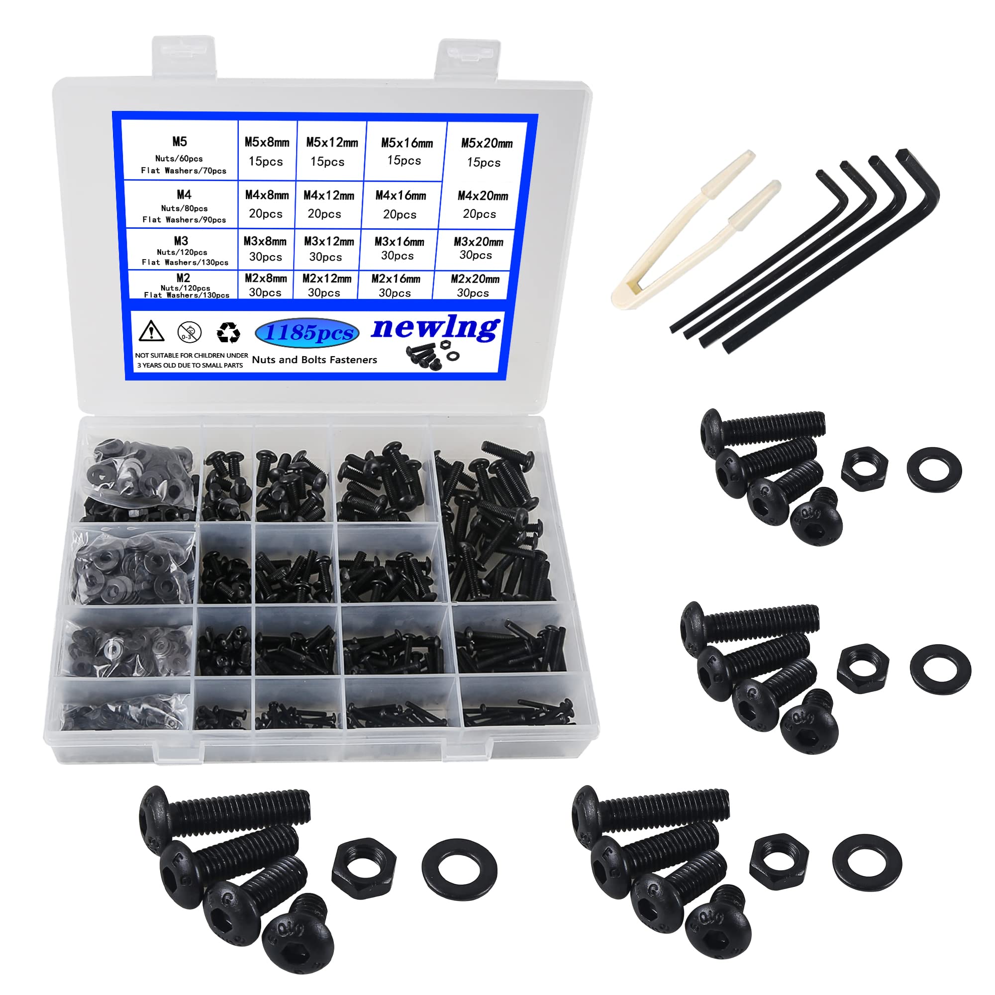 newlng 1185Pieces M2 M3 M4 M5 Screws Set Carbon Steel Black Screws and Nuts Washers Set Hex Socket Round Button Head Lens Head Hex Socket Screws with Wrench โ image 1