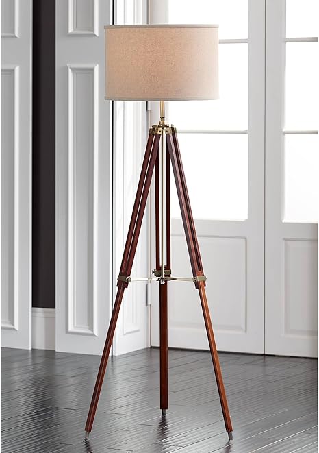Surveyor Modern Tripod Floor Lamp Cherry Wood Beige Linen Drum Shade For Living Room Reading Bedroom Office Possini Euro Design