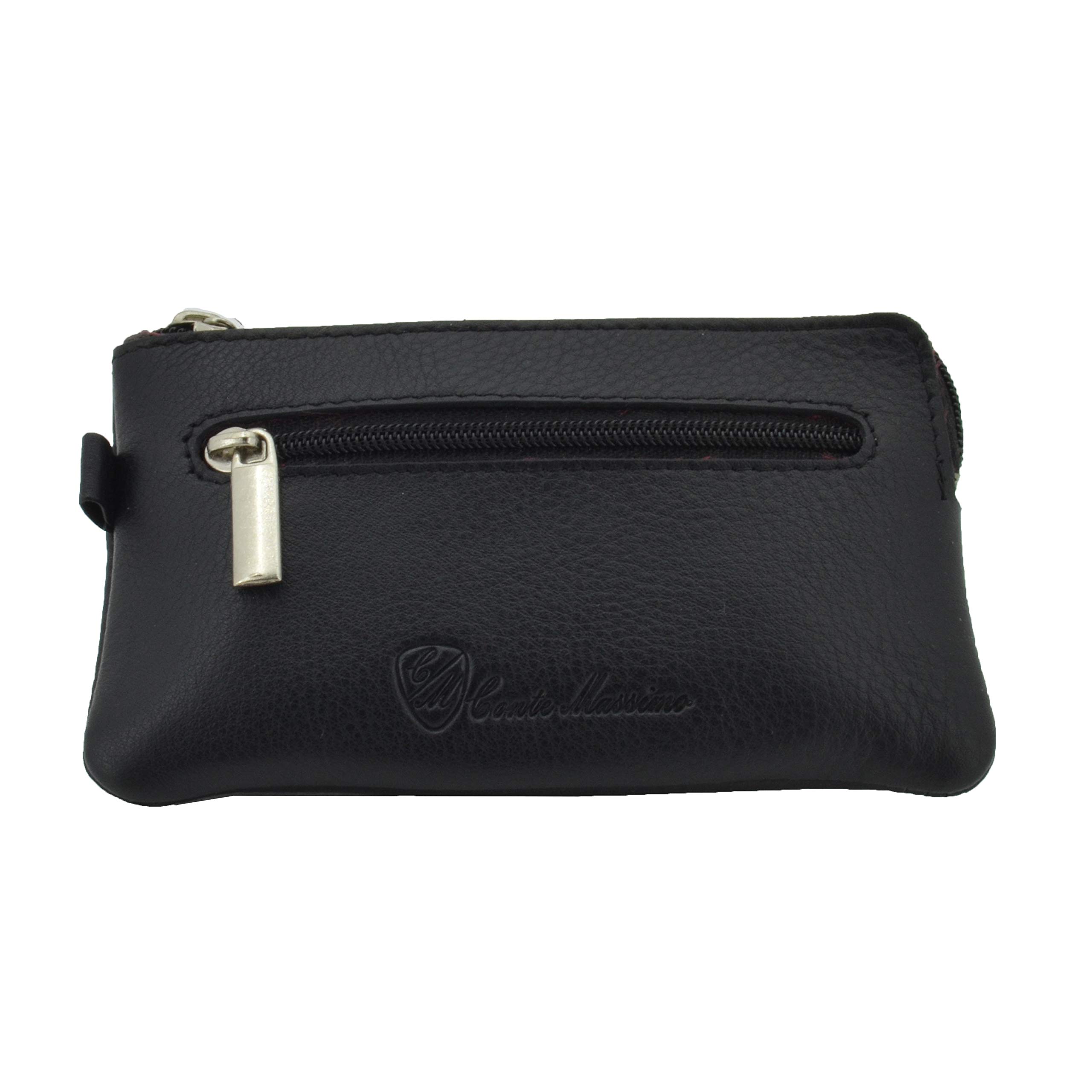 CM Conte Massimo Genuine Leather Key Case for Men and Women, Double Zip Pouch with Coin Pocket, Black