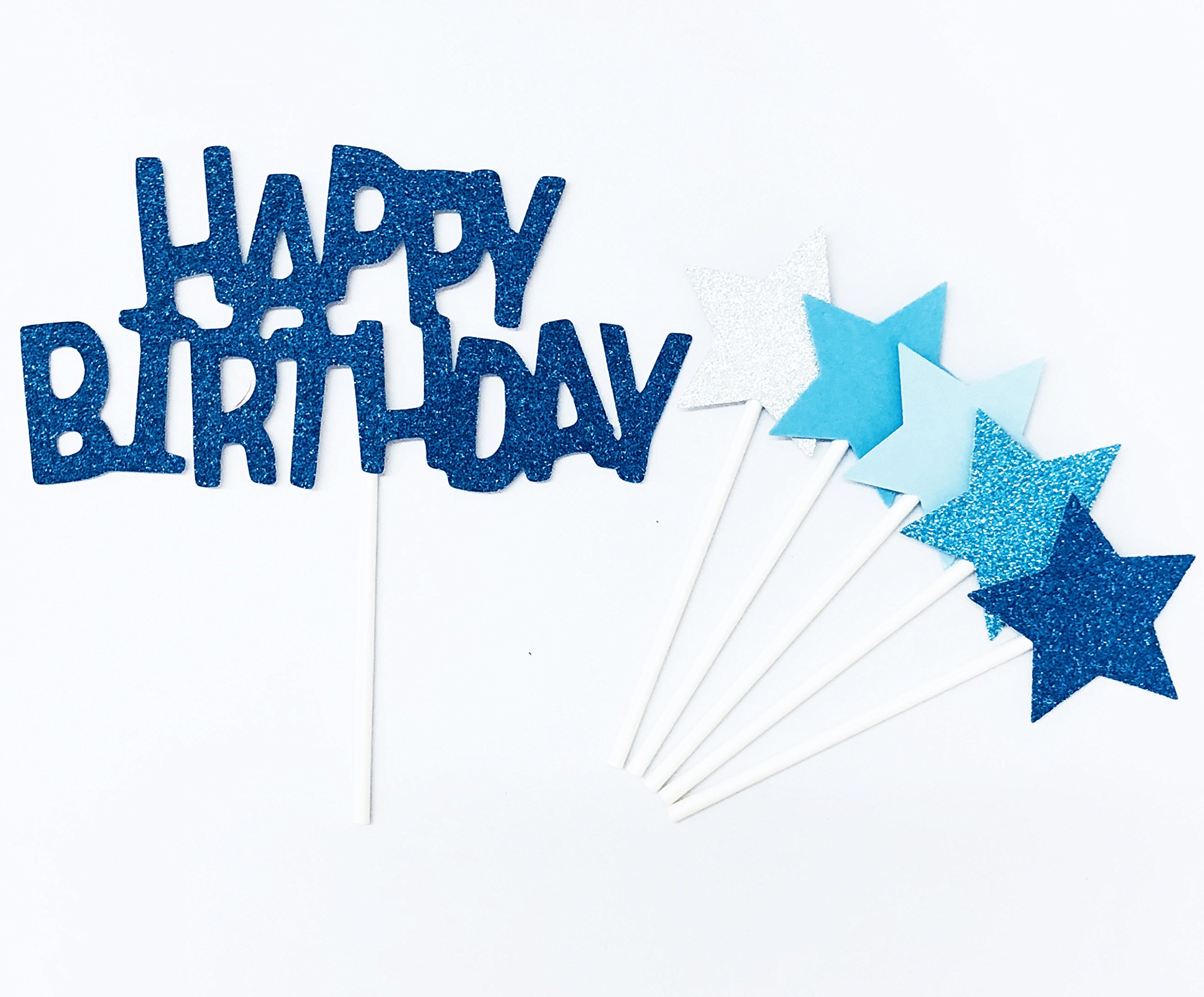AILEXI Handmade 6 Counts Glitter Cake Decorating Toppers for cupcake and ice-cream - Happy Birthday Blue set