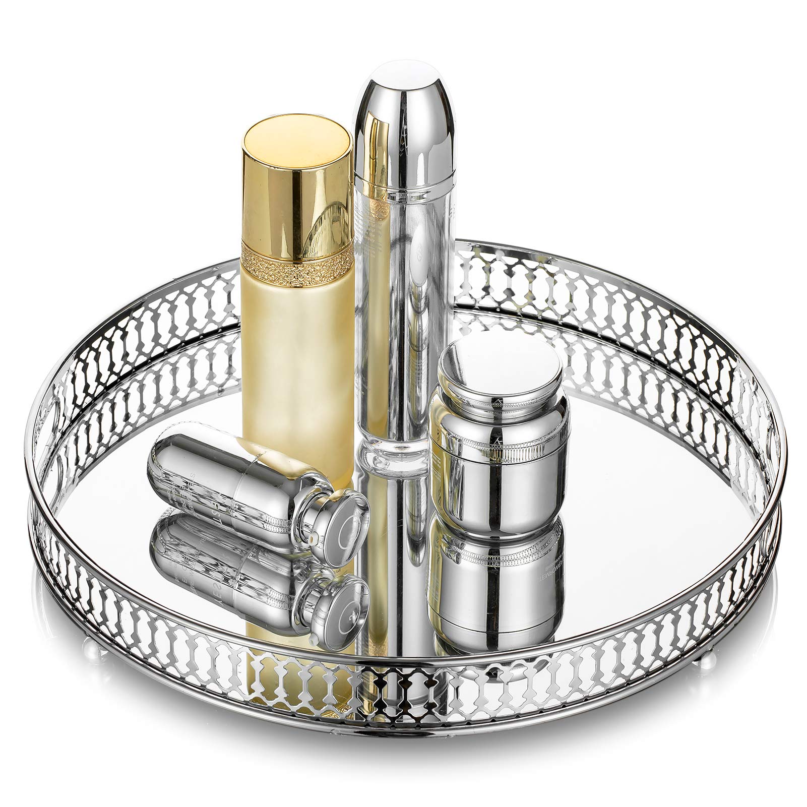 NUPTIO Cosmetic Perfume Mirrored Tray: Vanity Jewelry Makeup Organizer, Ornate Silver Decorative Candle Holder Home Decor for Wedding Party Dresser Table Bedroom & Bathroom