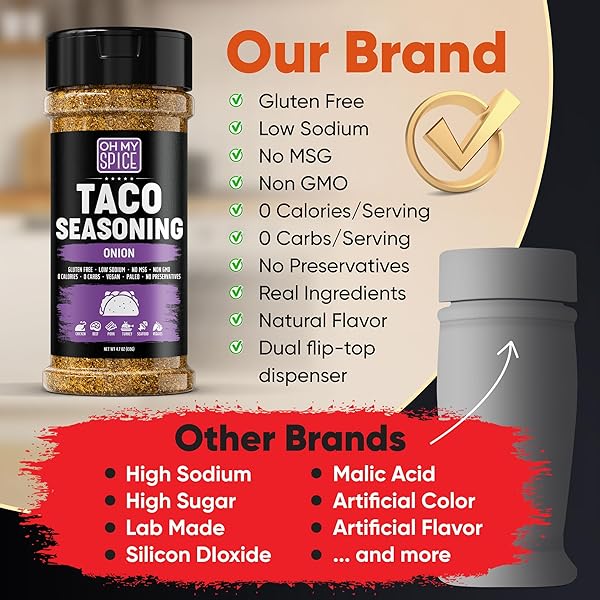TACO SEASONING MIX ONION POWDER – GLUTEN FREE & LOW SODIUM MEXICAN SEASONING BLEND FOR TACO TUESDAY NIGHT. ONION SALT SPICES MIX FOR FAJITA & BURRITO. MEAT, CHICKEN & FISH TACOS SEASONINGS. 4.7OZ