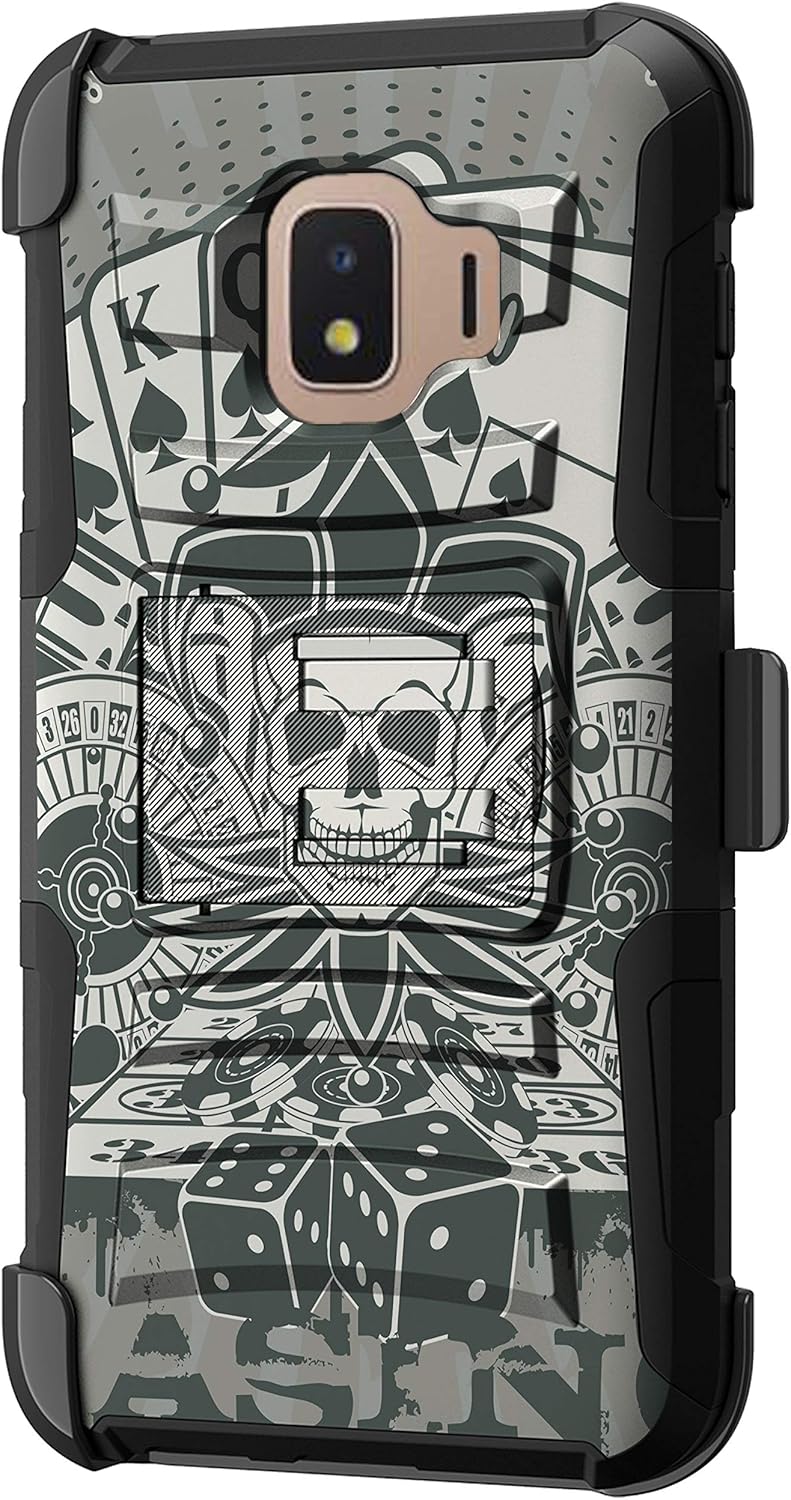 TurtleArmor | Compatible with Samsung Galaxy J2 Core Case | J2 Dash Case | J2 Pure Case [Hyper Shock] Armor Solid Hybrid Kickstand Impact Silicone Holster Belt Clip Cool - Joker Skull