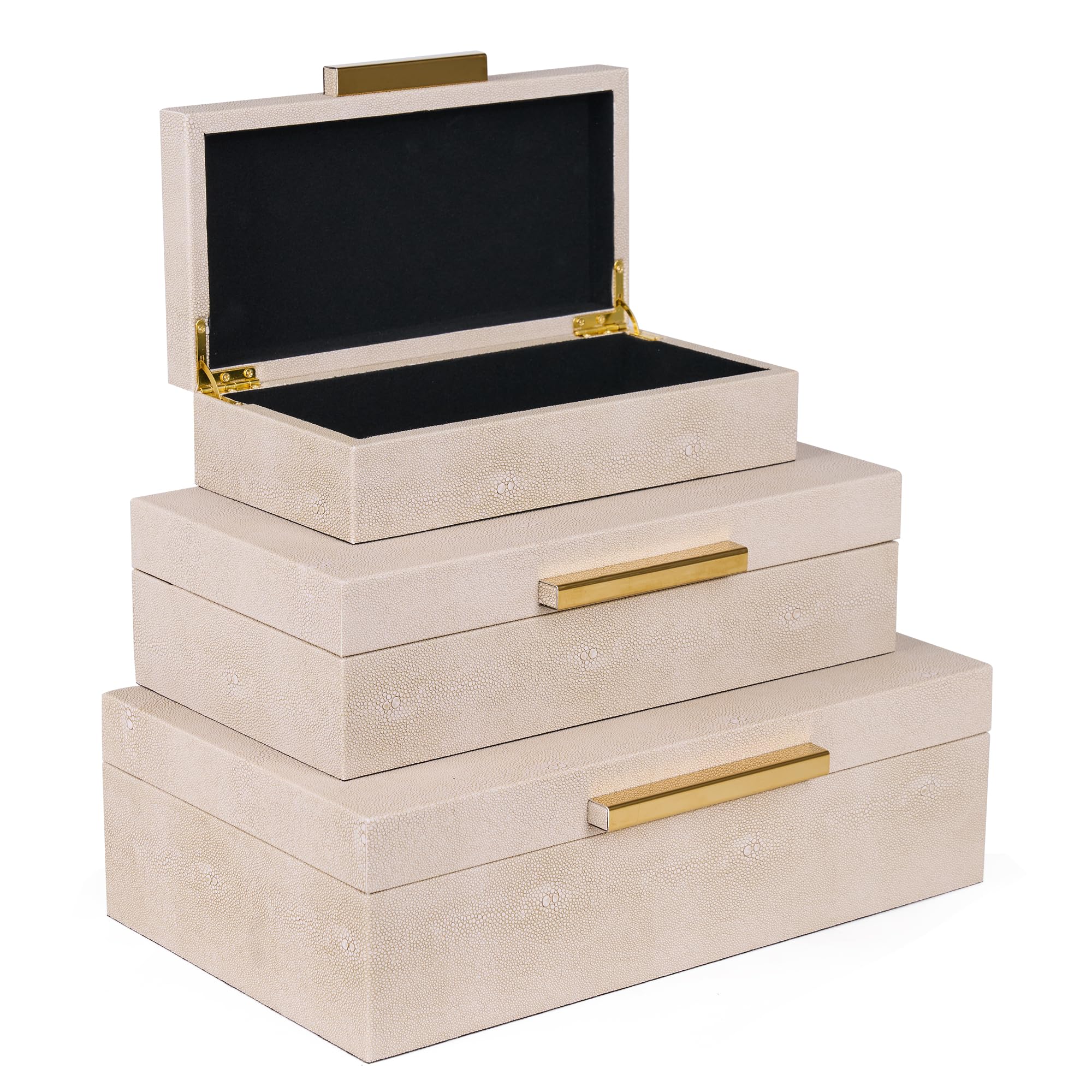Photo 1 of Hanna Roberts Ivory Shagreen Decorative Boxes Set of 3 Faux Leather Jewelry Boxes With Gold Metal Handles For Home Decor Womens Mens Jewelry Organizer