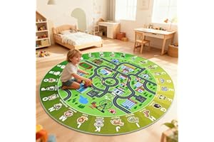 BOSHENGYA Kids City Road Car Play Rug Round ABC Alphabet Educational Play Mat,47x47'' Non-Slip Town City Map Kids Rug for Bedroom & Playroom Car Play Carpet Track Road Rugs Washable