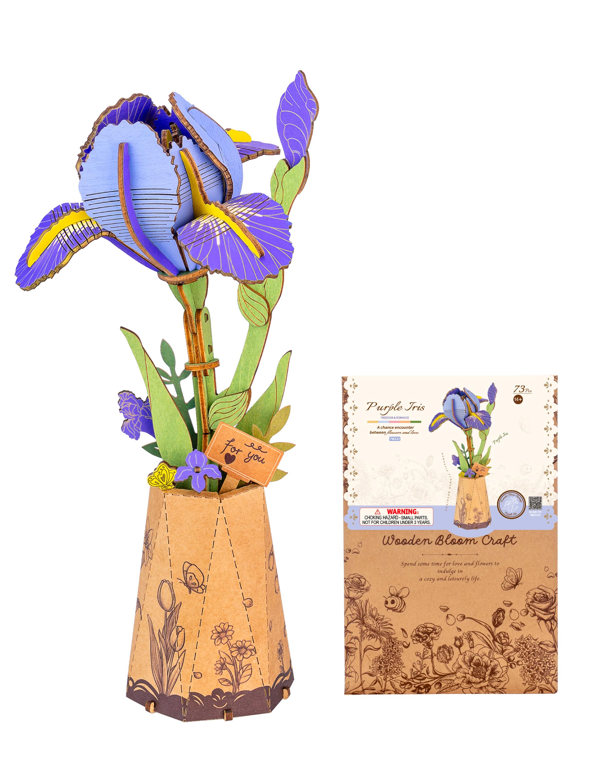 ROBOTIME 3D Wooden Purple Iris Flowers, DIY Craft Model Kit, Artificial Bloom Jigsaw Puzzle for Adults, Valentine's Day