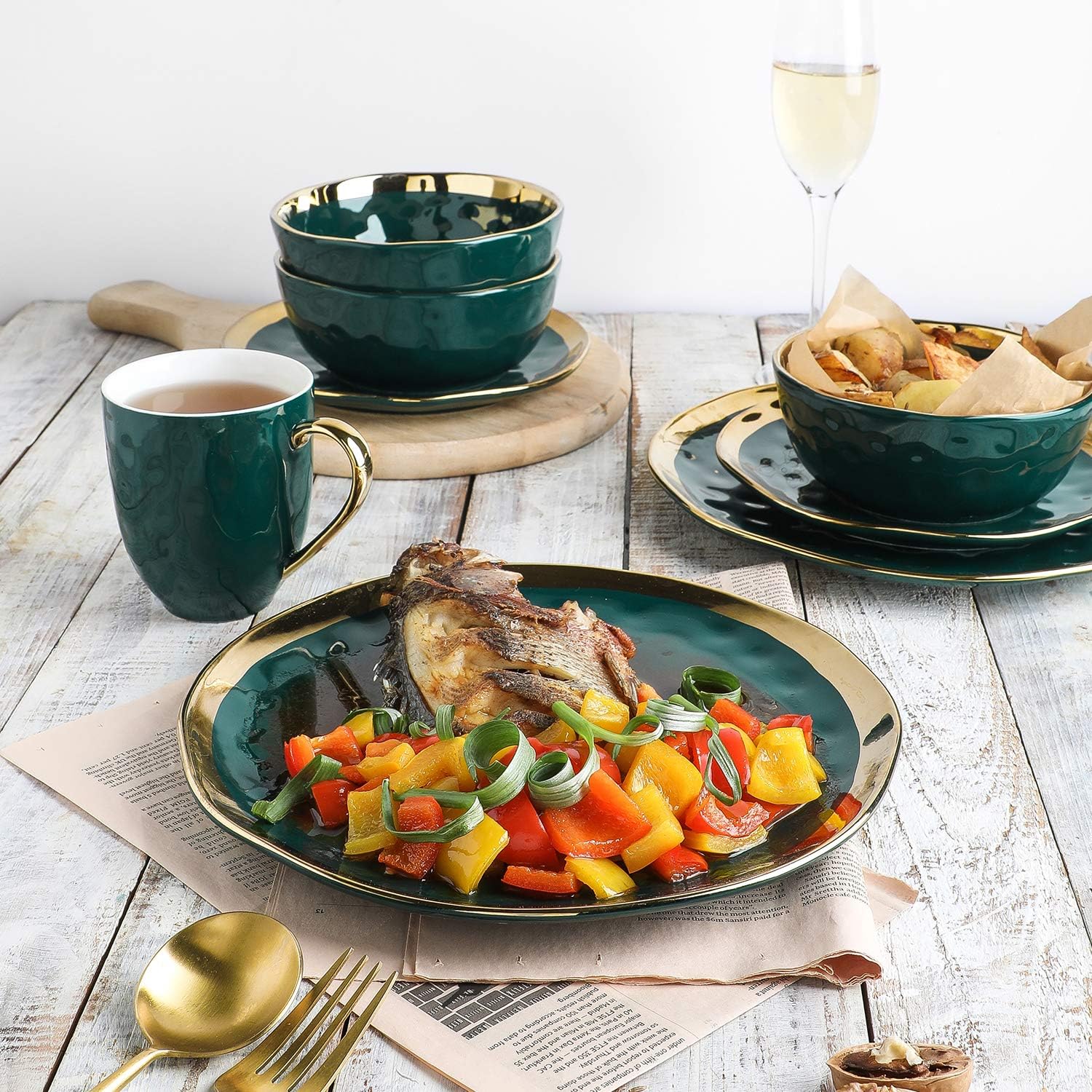  | Stone Lain Gold Halo Porcelain Dinnerware Set, Service For 4, Green: Dinnerware Sets