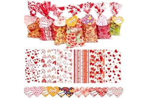 JQAQJU 150 PCS Valentine Gift Bags Valentines Cellophane Treat Bags Bulk for Kids Goodie Candy With 36 PCS Gift Tags & 200 PCS Twist Ties for Valentines Party