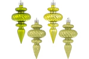 Vickerman 4" 4-Finish Finial Ornament, Shatterproof Plastic Christmas Tree Decoration, 8 Pack, Lime Shiny, Matte, Glitter and Sequin Finishes