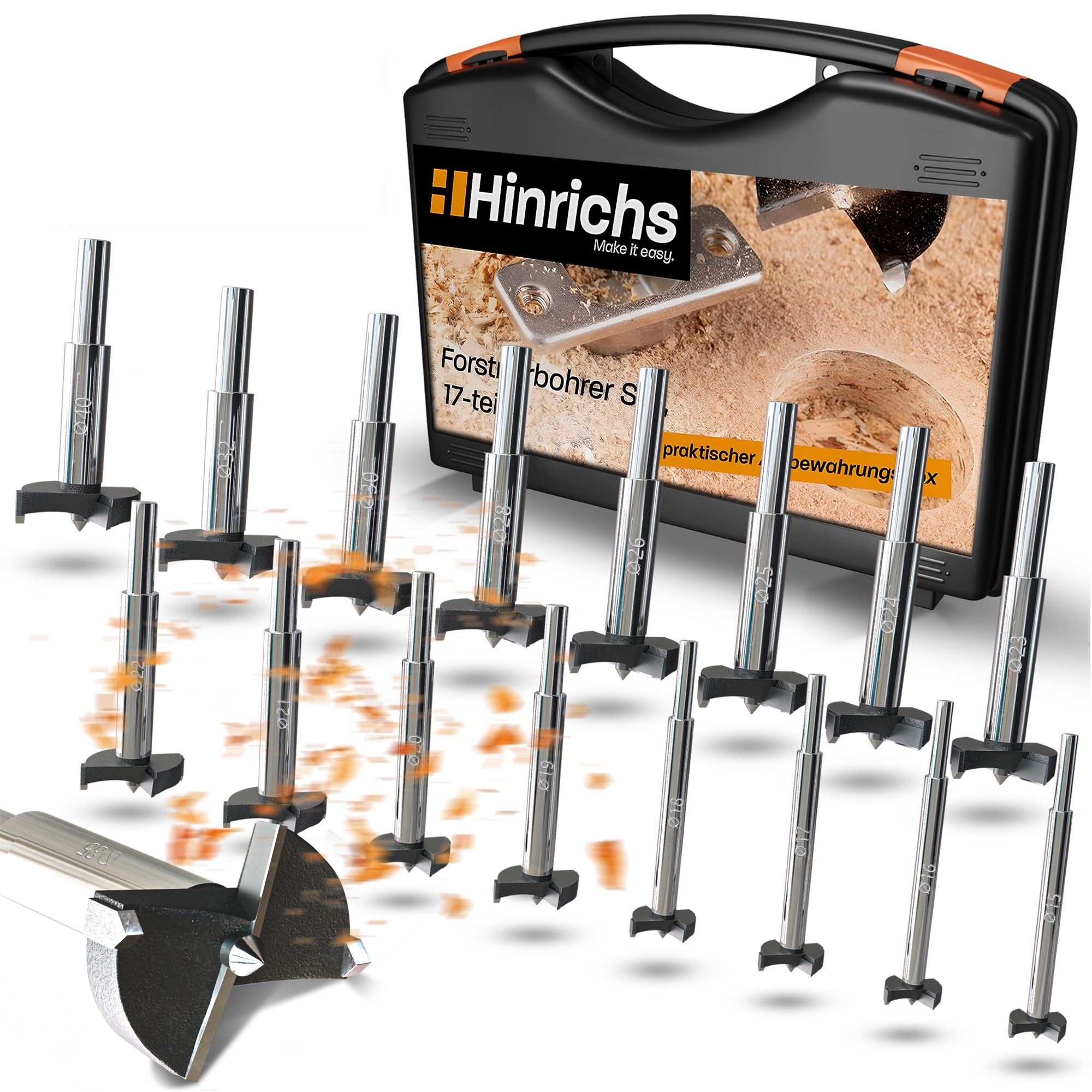 Hinrichs Forstner Bits Set 17 Pieces in plastic case - Forstner Drill Bit Set 15mm to 40mm - Wood drills - Forstner - Forstner Bit Set - Hinge Cutter - Hole Drill Bit - Wood Drills Bits Set