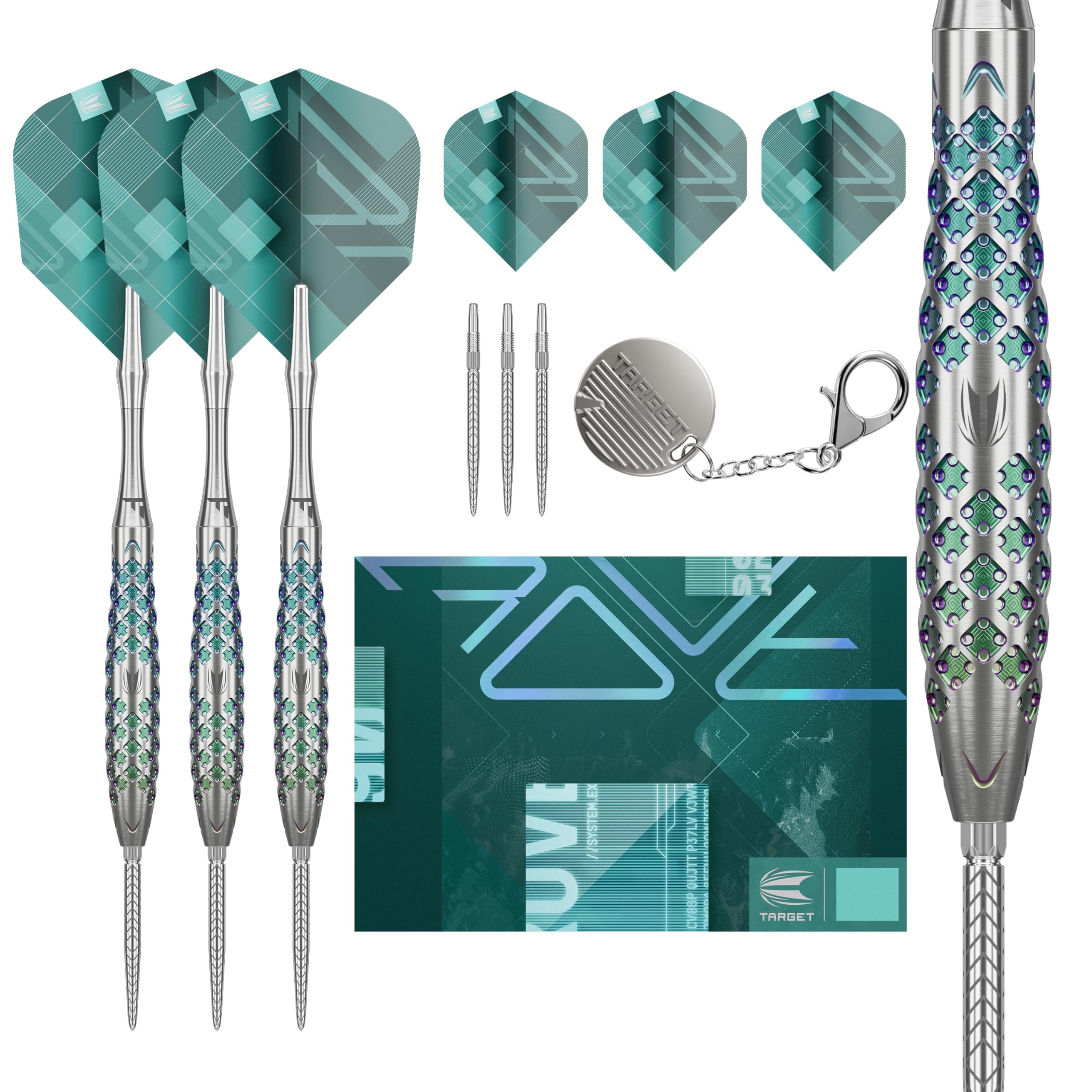 Target Darts Rove Steel Tip Swiss Point Darts, 90% Tungsten Dart Set, Barrel 02-23G | Steel Tip Dart Sets, Green & Silver Darts, Professional Dart Set with Swiss Points & Tool
