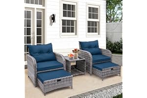 FYRICKYLINOO 5 Pieces Wicker Outdoor Patio Chairs with Ottomans, All Weather PE Rattan Outdoor Conversation Set Bistro Patio Furniture Set with Hidden Ottoman for Porch Backyard Balcony, Blue
