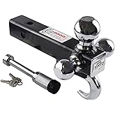 TOPTOW 64180L Trailer Receiver Hitch Triple Ball Mount with Hook, Fits for 2 inch Receiver, Chrome Balls, 2 inch Shank, with 5/8 inch Lock