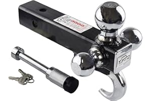 TOPTOW 64180L Trailer Receiver Hitch Triple Ball Mount with Hook, Fits for 2 inch Receiver, Chrome Balls, 2 inch Shank, with 5/8 inch Lock