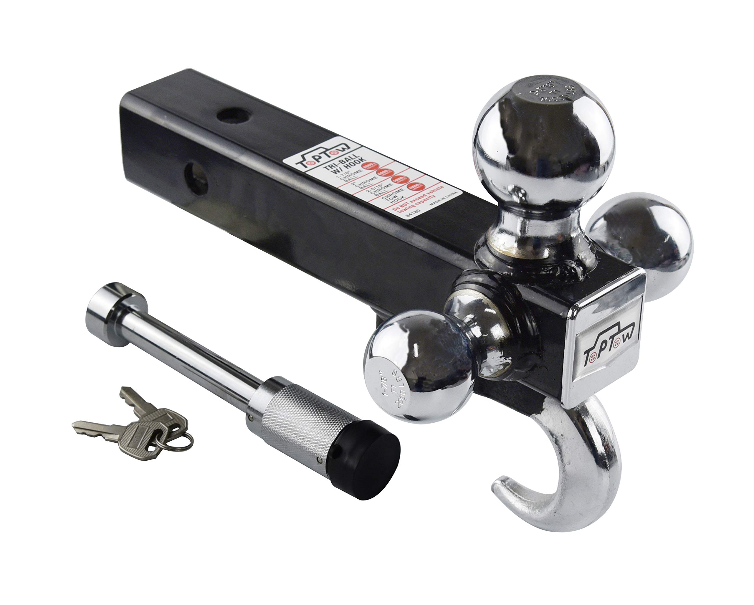Photo 1 of TOPTOW 64180L Trailer Receiver Hitch Triple Ball Mount with Hook, Fits for 2 inch Receiver, Chrome Balls, 2 inch Shank, with 5/8 inch Lock