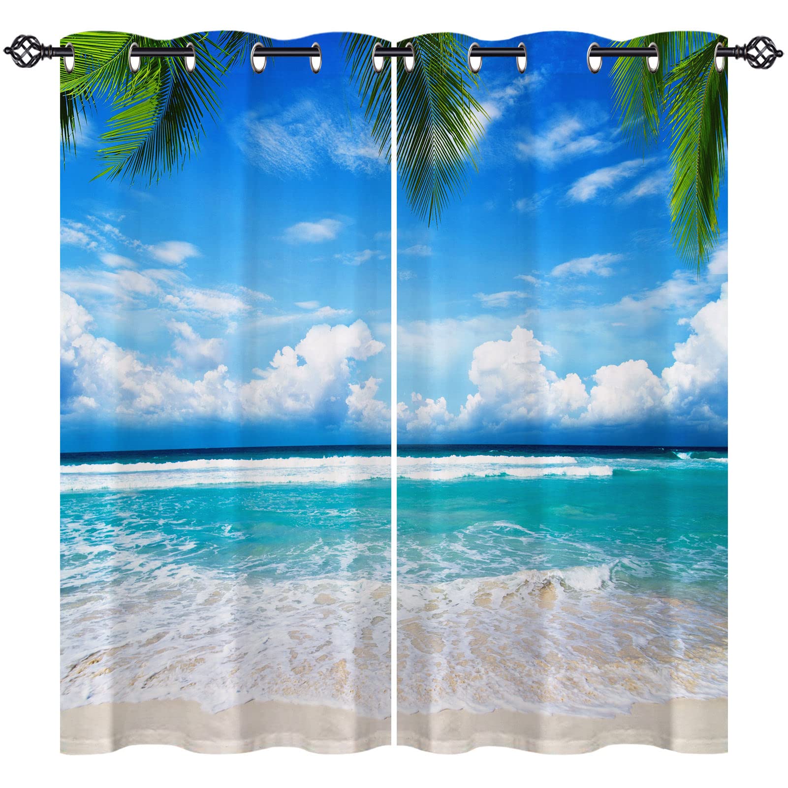 ANHOPE Beach Curtains Eyelet 80% Blackout Room Darkening Curtains with Coastal Seaside Ocean Palm Tree Print Pattern Thermal Insulated Window Drapes for Bedroom Living Room 46 x 54 Inch Drop 2 Panels