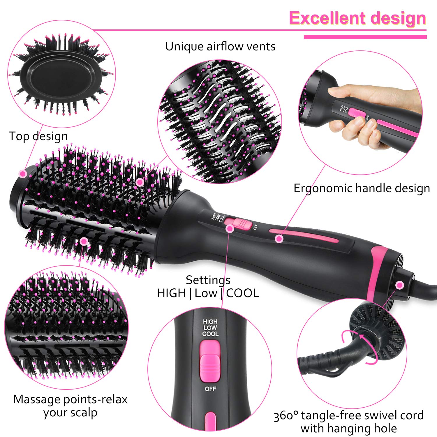 Hair Dryer Brush, Hot Air Brush, Hair Styler for Drying & Straightening & Curling, 3 in 1 Pink Lighter Styler, Hair Dryer & Volumizer : Beauty
