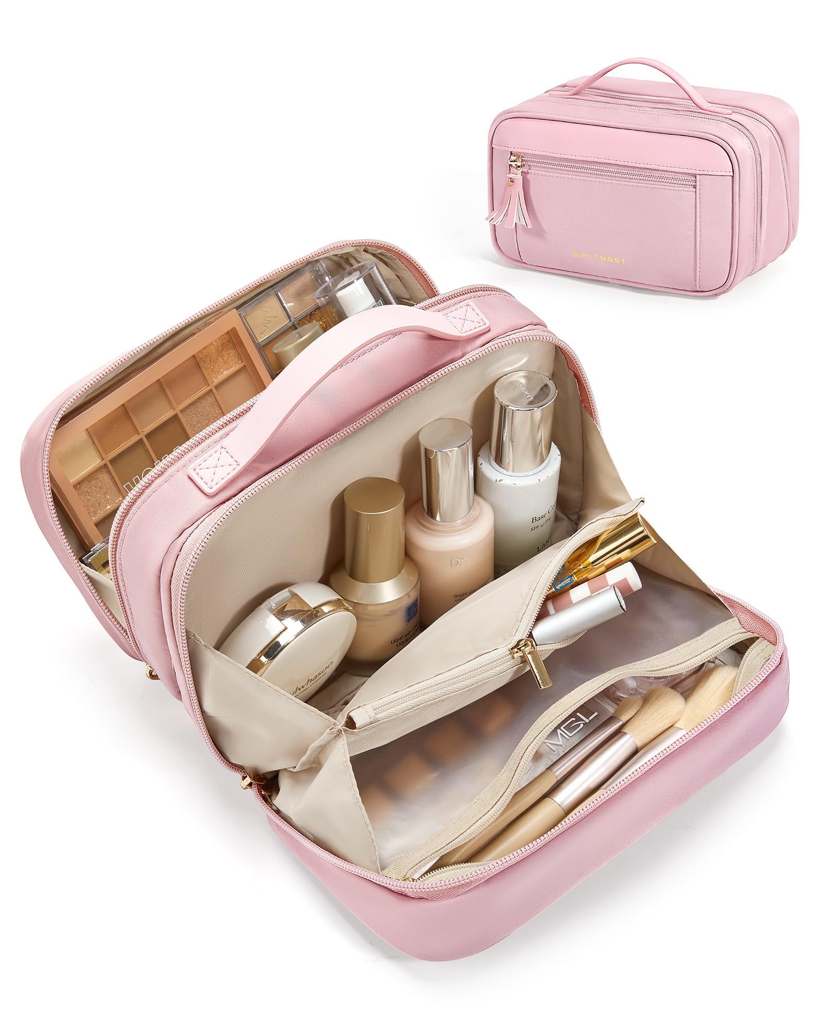 BAGSMART Travel Makeup Bag Cosmetic Bag for Women, Wide-open Portable Make Up Organizer for Women for Essentials Cosmetics Toiletries Accessories, Brushes, Medium Capacity